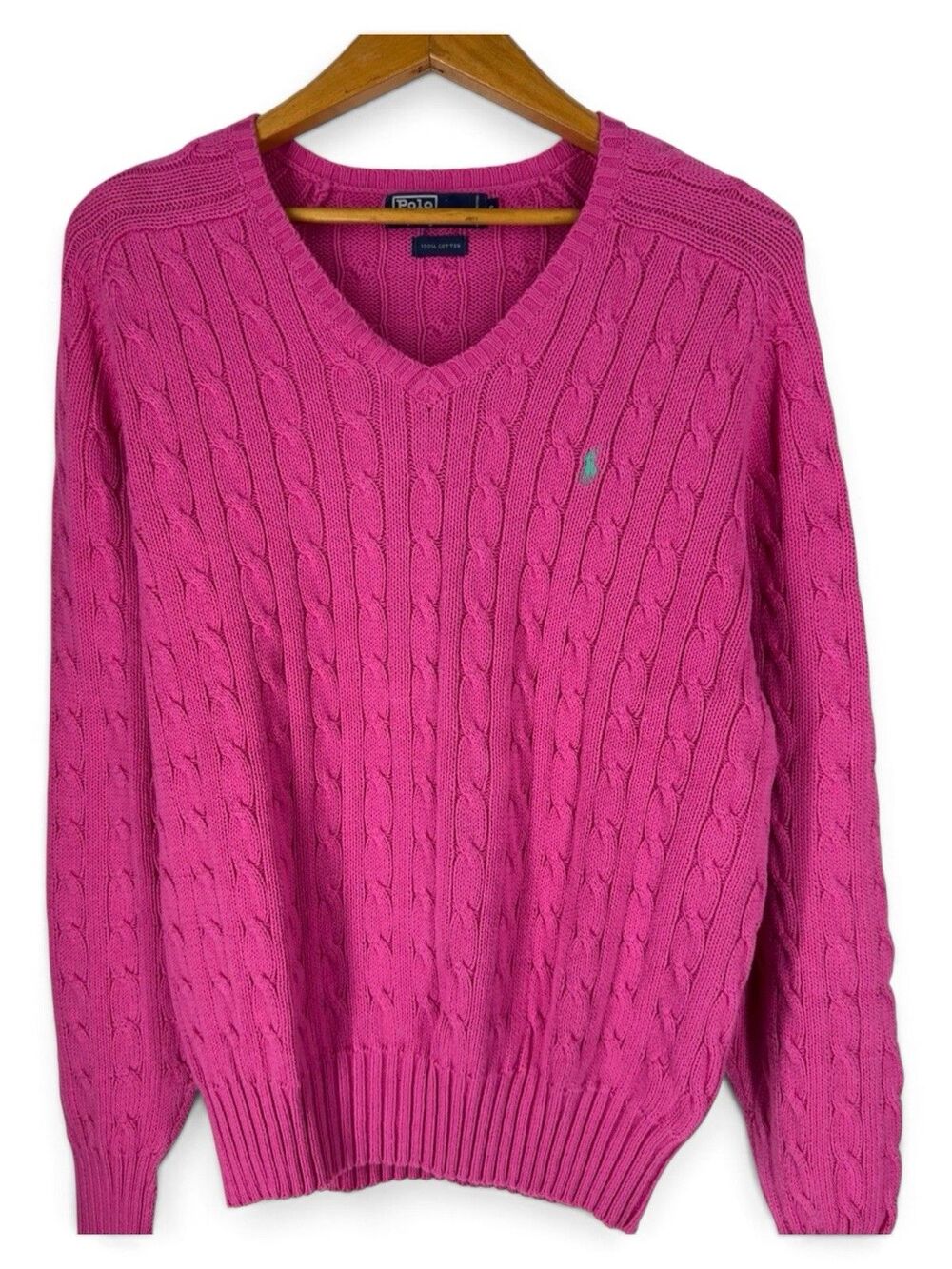 VTG Polo Ralph Lauren Men’s Pink Pony Cableknit V-neck Sweater Cotton S